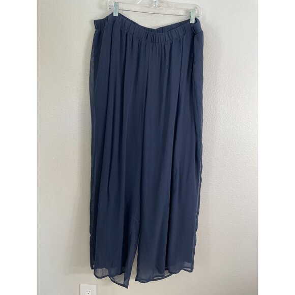 Ulla Popken Womens Plus 24/26 Navy Blue Wide Leg Chiffon Pants Elastic Waist - Picture 2 of 6